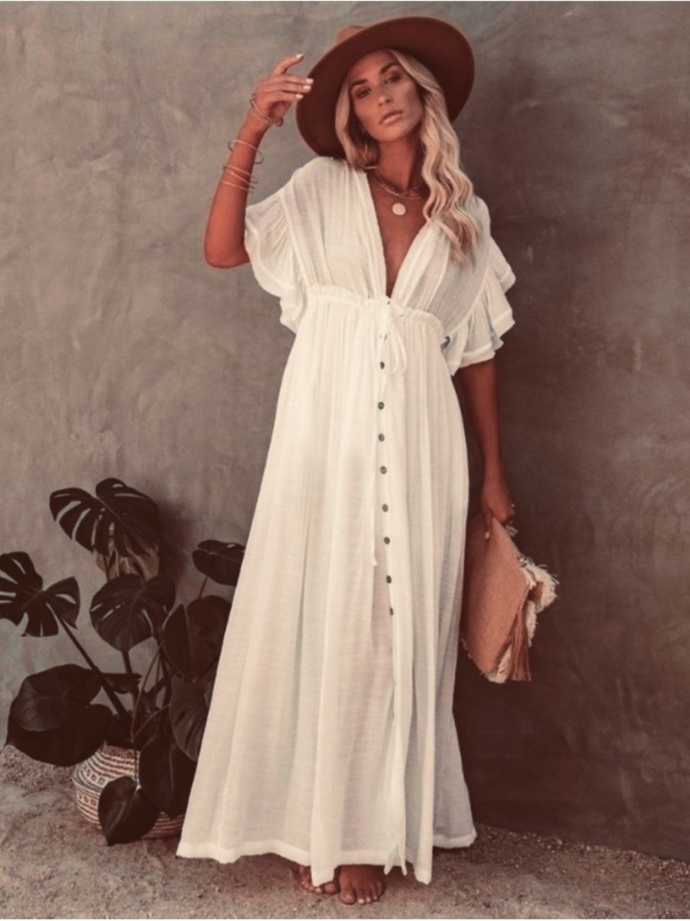 Peach Love Cream Deep Plunge V Neck Gauzy Button Front Maxi Dress Large